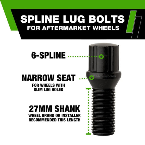 Black M14x1.50 Lug Bolts For Aftermarket Wheels Spline Bolts 27mm Shank 53mm Overall Length Set Of 20 Narrow Conical Seat 60 Degree