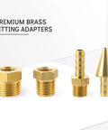 Front view: brass automotive fitting adapters set with four pieces: two hex adapters, one barbed, one conical nozzle