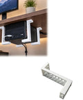 Under Desk PC Mount Bracket for Computer Tower and CPU Holder under a desk with a black PC secured in white brackets.
