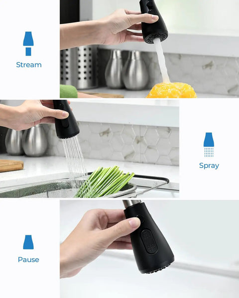 VFAUOSIT Kitchen Faucet with Pull Down Sprayer, Matte Black High Arc showcasing stream, spray, and pause functions.