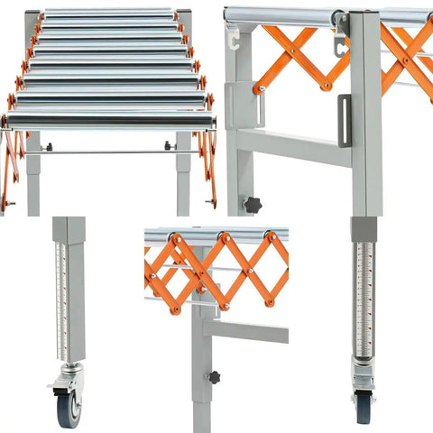 Expandable Adjustable Conveyor Roller Table 18 To 51 Inch Length, 20 To 31.5 Inch Height, with braked wheels and folding design