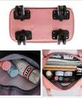 Collage of pink travel tote with detachable wheels, interior view showing packed toiletries and essentials, with expandable Oxford material.