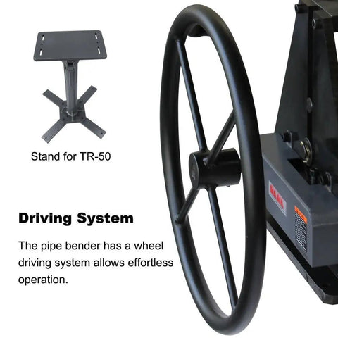Industrial Tube Roller Bender For 2 Inch Tubing And Pipe compatible with steel, copper, aluminum featuring a manual crank handle and driving system.