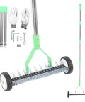 Wheeled Adjustable Thatch Rake For Lawn Care With Protective Gloves, Ergonomic Dethatcher Rake, shown with assembly parts