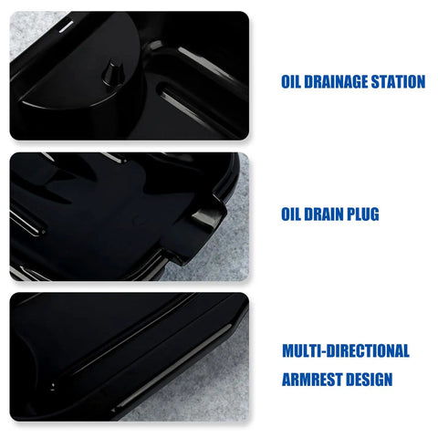 Close-up view of Premium Waste Oil Drain Basin For Car Repair And Motorcycle Maintenance with oil drainage station and drain plug.