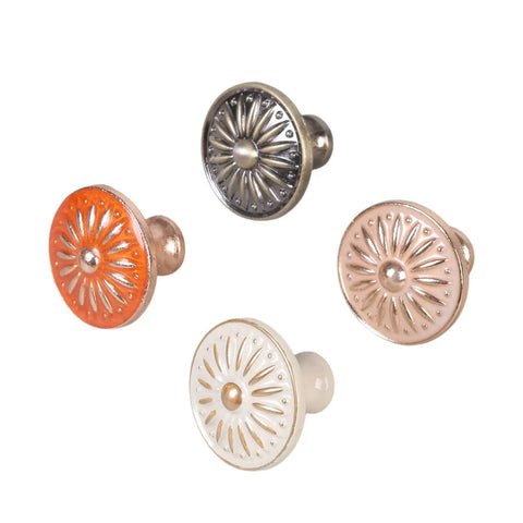 Round Single Hole Cabinet Door Handles and Knobs with retro European style in orange, bronze, white, and metal finishes.