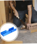 Person using a saw on wood with a blue Straight Up Solid Aluminum Miter Track Fixture Connector Heavy Duty Cross Adapter For Standard Saw Rails.