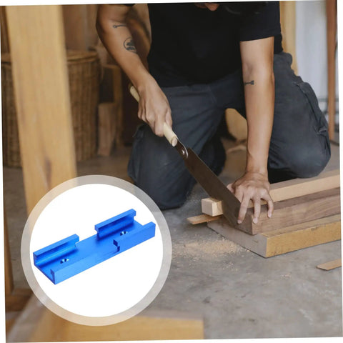 Person using a saw on wood with a blue Straight Up Solid Aluminum Miter Track Fixture Connector Heavy Duty Cross Adapter For Standard Saw Rails.