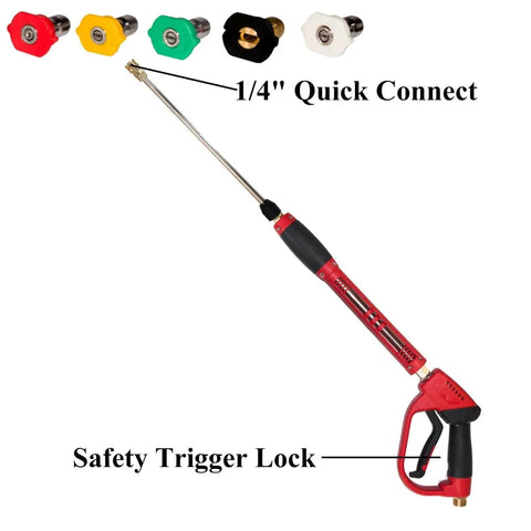 Red Beefy High Power Pressure Washer Gun With 40 Inch Wand Extension Five Nozzle Tips M22 Fittings 5000 PSI Performance Replacement Extension Heavy Duty Cleaning Tool For Tough Jobs