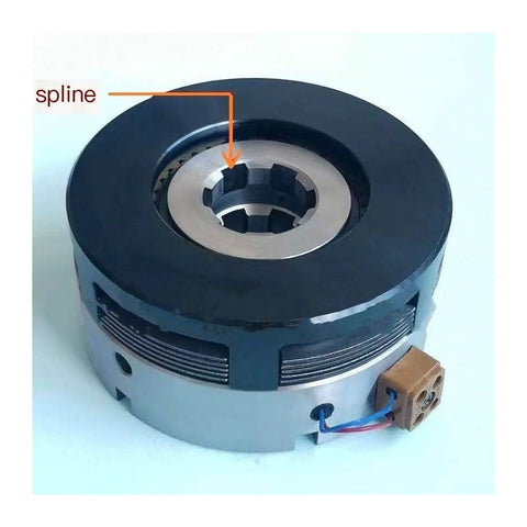 24V Direct Current Electromagnetic Clutch Multi Plate Toothed Disc High Torque Industrial Workhorse Compact Spline Shaft side view showing spline design.