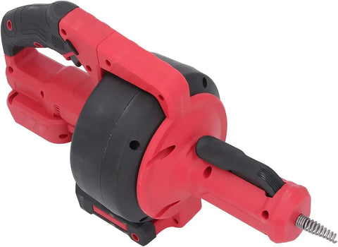Heavy Duty Cordless Drain Auger With Motorized Cable Feed That Nukes Stubborn Clogs Fast 7 Meter Electric Drain Snake showing black and red design and flexible cable.