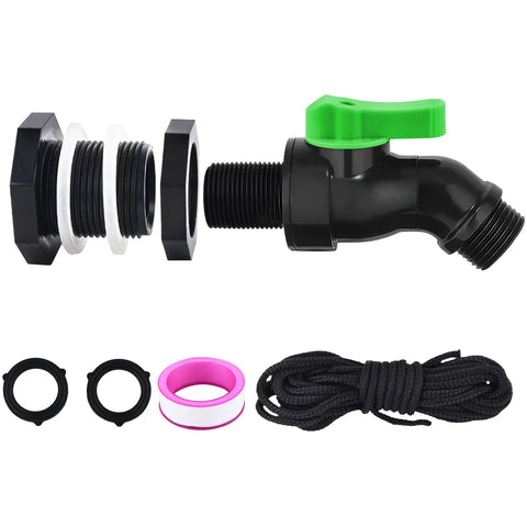 Full Flow Rain Barrel Spigot Kit With Bulkhead Fitting And Drain Valve for rain barrels and water tanks, three-quarter GHT outlet
