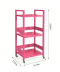 Rolling 3 Tier Metal Storage Organizer With Soft Pink Finish And Adjustable Foot Pads For Squishy Spaces Featuring Pop Off Guard Panels To Knock Kitchen Laundry And Garage Jumble Down Easy For Stress Free Home Upkeep Anywhere You Park It, showcasing dimensions and design.