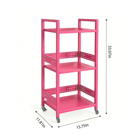 Rolling 3 Tier Metal Storage Organizer With Soft Pink Finish And Adjustable Foot Pads For Squishy Spaces Featuring Pop Off Guard Panels To Knock Kitchen Laundry And Garage Jumble Down Easy For Stress Free Home Upkeep Anywhere You Park It, showcasing dimensions and design.