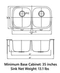 Undermount Double Bowl Kitchen Sink 32 By 18 By 9 Inches, 18 Gauge 304 Stainless Steel, Satin Finish, technical dimensions drawing