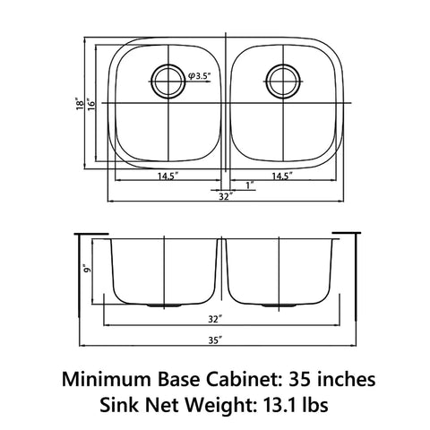 Undermount Double Bowl Kitchen Sink 32 By 18 By 9 Inches, 18 Gauge 304 Stainless Steel, Satin Finish, technical dimensions drawing