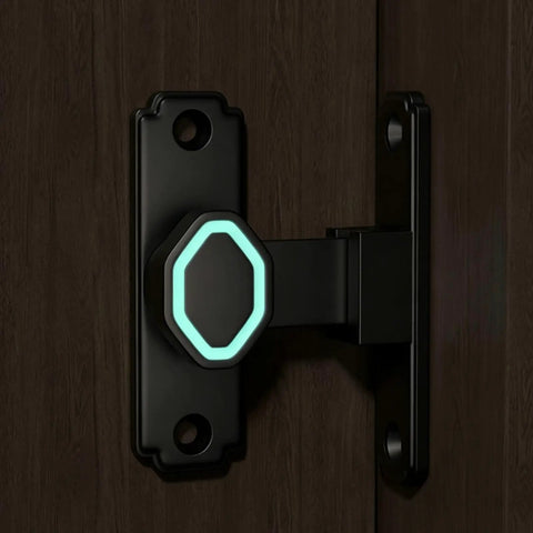 Premium Aluminum Sliding Barn Door Lock Featuring 90 Degree Flip Security Latch With Hella Sturdy Heavy Duty Build For Smooth Interior Patio Gates And Room Dividers on a dark wood door.