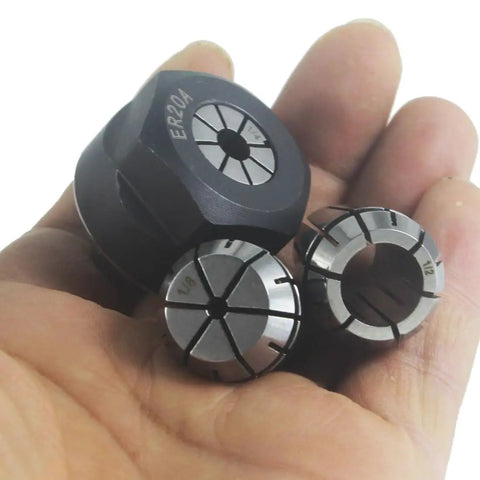 Close-up of ER20 Collet Nut Set For CNC Milling And Lathe Tools Pro Grade Includes One Eighth Inch One Quarter Inch And One Half Inch Collets