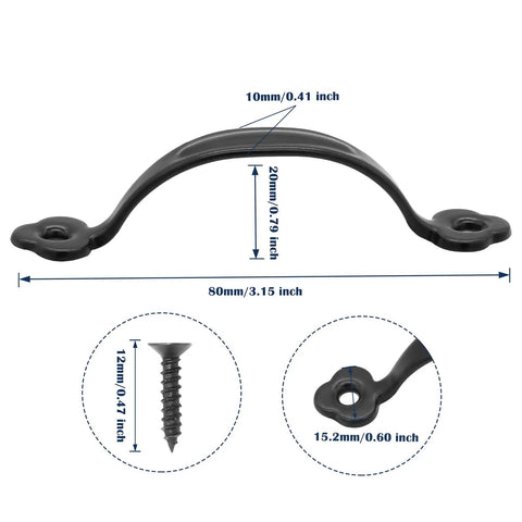 Diagram of 12 Pack Rustic Barn Door Handles Do It All Black 3 Inch Gate Pulls For Cabinets Closets Garage Drawers Indoor Outdoor Use 66mm Hole To Hole Screws Included, showing dimensions and screw details.