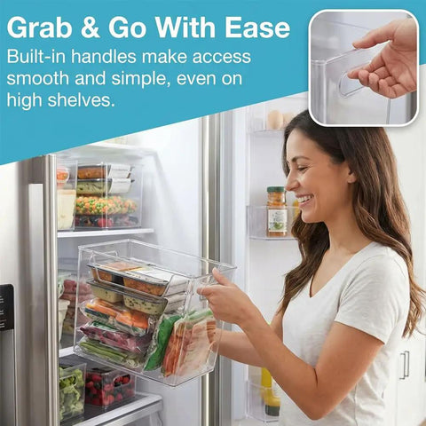 Crystal Clear Freezer Storage Bins Set With Stackable Upright Organizers For Meat And Veggies in a fridge