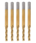 Front view of five gold-colored tungsten carbide end mills with gray shanks, 3-flute CNC cutters