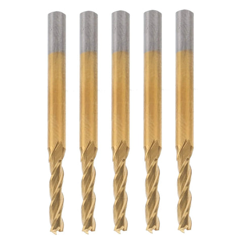 Front view of five gold-colored tungsten carbide end mills with gray shanks, 3-flute CNC cutters