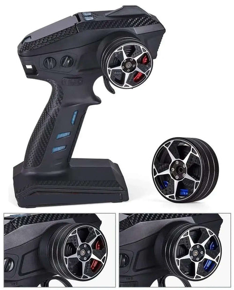 Upgrade Your Rc Game With This Dumborc Metal Steering Handwheel Transmitter Kit Featuring A Soft Brake Sponge Grip For Smoother Control Panel Refitting And Daily Remote Handle Mods On Multi Brand Controllers. black metal RC transmitter steering wheel kit with red and blue accents