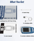 Blue APOWER Geiger counter handheld radiation detector with LCD; includes charging cable, hand strap, and user manual.