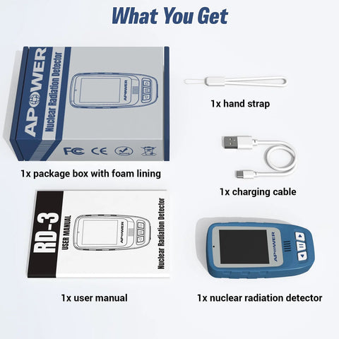Blue APOWER Geiger counter handheld radiation detector with LCD; includes charging cable, hand strap, and user manual.