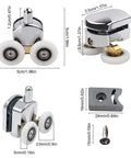 8 Piece Shower Door Rollers Set with 25mm sliding door wheels shown with measurements, stainless steel screws, and adjustable components.