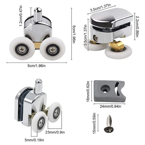 8 Piece Shower Door Rollers Set with 25mm sliding door wheels shown with measurements, stainless steel screws, and adjustable components.