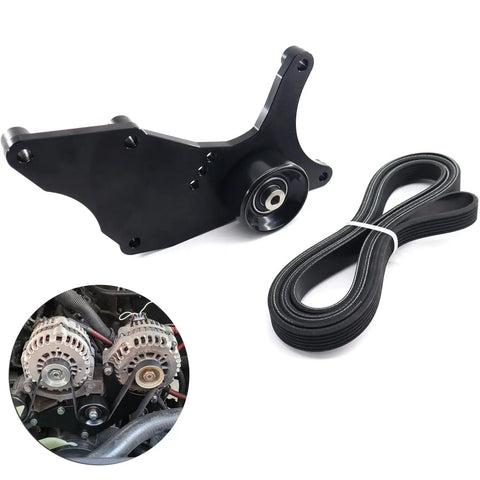 No Drama Hardened Dual Alternator Bracket Kit For Chevy Gm Trucks 1999 2013 V8 with aluminum idler pulley and drive belt