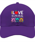 Purple hat with "I love my job for all the little reasons" design on the front panel.