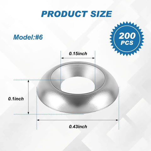 Beefy Heavy Duty No 6 Countersunk Cup Washers Smooth Silver Stainless Steel Fastener Kit, showing dimensions of 0.15x0.43x0.1 inches.