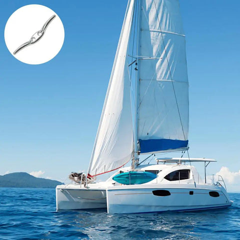 Sailboat on ocean with inset Six Pack Stainless Steel Marine Rope Cleats And Blinds Cord Cleats, Twelve Mounting Screws
