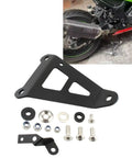 Upgrade Your Ride With These Heavy Duty Exhaust Hanger Muffler Bracket Kit Made For Kawasaki Ninja250 And Ninja300 Models From 2013 To 2018 Featuring Thick Iron Build Superior Durability Plus That Sweet Black Finish Youve Been Searching For Today. black iron exhaust hanger bracket kit with bolts, shown mounted on Kawasaki Ninja 250/300