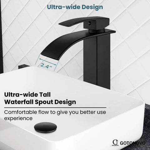 Waterfall Tall Bathroom Faucet With 1 Hole Single Handle 304 Stainless Steel Vessel Sink Faucet Matte Black No Splash Pop Up Drain Modern Lavatory Mixer Tap For Minimalist Homes, ultra-wide spout beside white sink.