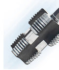 Close-up of Heavy Duty Electric Drill Thread Tap and Die Set showing dual metal cutter designed for 1/2 inch and 3/4 inch PVC tubing.