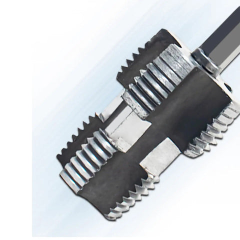 Close-up of Heavy Duty Electric Drill Thread Tap and Die Set showing dual metal cutter designed for 1/2 inch and 3/4 inch PVC tubing.