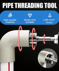 Two Piece Internal And External Pipe Thread Cutting Tool For Plastic PVC Pipes One Half Inch To Three Quarter Inch Fits Electric Drill For Easy Home Repair And Fast DIY Pipe Work shown threading PVC pipe with drill