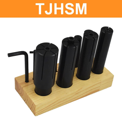 8 Piece Expanding Arbors Set For Lathe And Milling Machines One Quarter Inch To One And One Quarter Inch Capacity Mandrels Built To Last With A Workhorse Grip For Ring Mandrel Work And Smooth Tight Fits. black expanding arbors on wood base with hex key