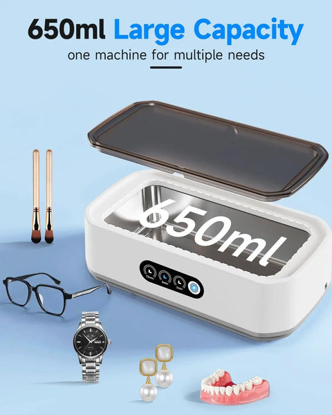 Pro Grade 50KHz Jewelry Cleaner With 3 Modes And Digital Timer For Deep Yet Gentle Cleaning, shown with accessories in 650ml tank.