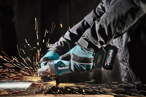 Badass Cordless Angle Grinder Kit Including Dual 40V Max Batteries And Smart Charger For Swift 125mm Metal Cutting Hella Lightweight Yet Serious Powerhouse Tool in action with sparks.