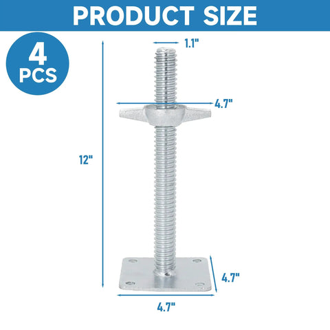Heavy Duty 4 Pack Adjustable 12 Inch Scaffold Leveling Jacks Rock Solid Galvanized Steel Construction with 4.7 square base plate.