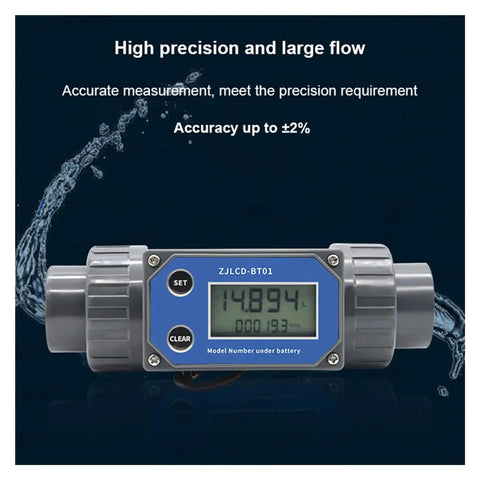 Front view of 2 Inch Turbine Flow Meter With LCD Display For PVC Water Pipe Go-To Farm And Garden Irrigation Gear High Sensitivity Low Repeatability Cable Free Design Fits 1 To 3 Inch Lines
