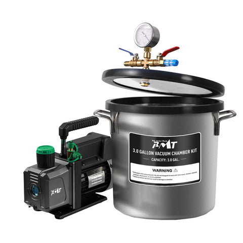 PB Motor Tech 3-gallon vacuum chamber kit with tempered glass lid and 4.5 CFM pump, front view, oil not included.