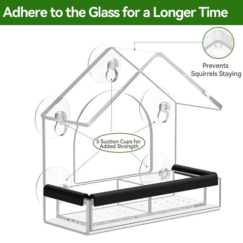 Clear Window Bird Feeder With Five Extra Strong Suction Cups For Quick No Mess Viewing Of Wild Birds From Inside Your House Easy Mount Durable Acrylic Construction Weatherproof And Sturdy Perfect Gift For Birdwatchers And A Stylish Outdoor Garden Decor diagram