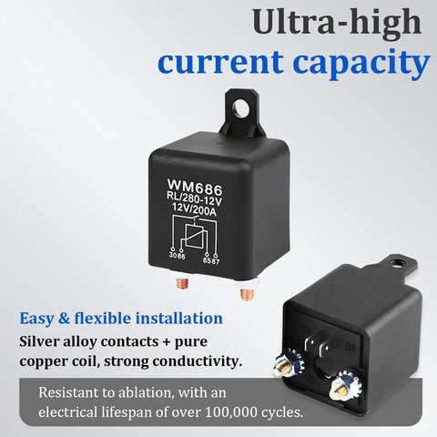 Straight Up Heavy Duty Car Starter Relay 200 Amp 12 Volt 4 Pin SPST Switch with nylon housing, showing compact design and connection details.