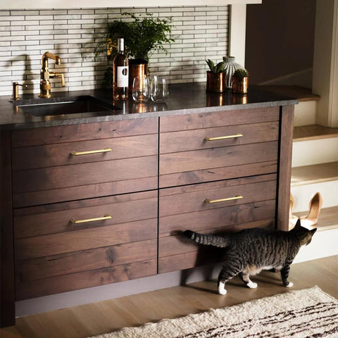 Champagne Bronze Zinc Alloy Cabinet Handles 5 Inch Center To Center 128mm Six Pack installed on wooden kitchen drawers