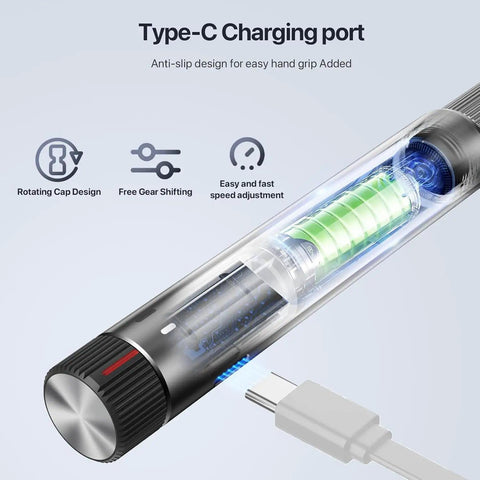 Close-up of USB Rechargeable Electric Engraving Pen With 24 Bits showing Type-C charging port and transparent battery.